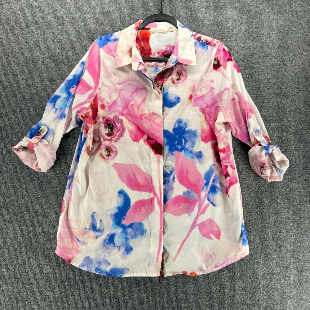Soft Surroundings Blouse Top Womens PXL Floral Watercolor Button Up Boho Coastal